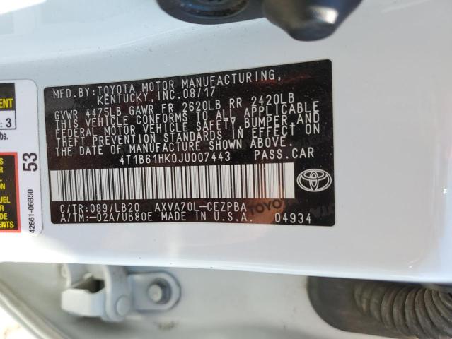 4T1B61HK0JU007443 - 2018 TOYOTA CAMRY XSE WHITE photo 13