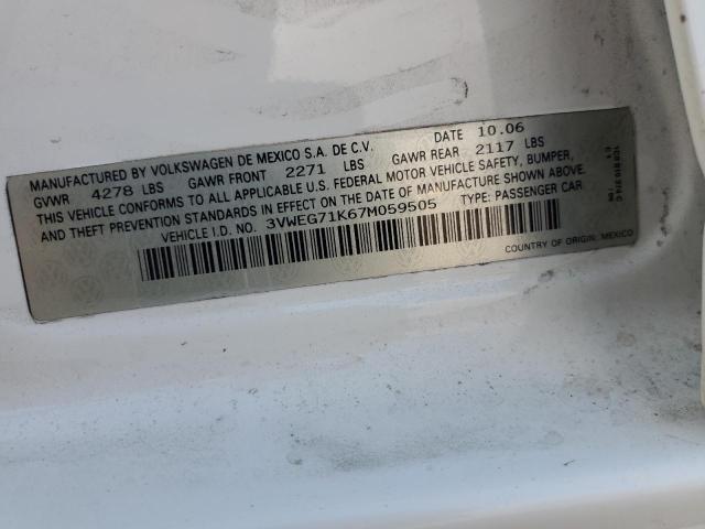 3VWEG71K67M059505 - 2007 VOLKSWAGEN JETTA WOLFSBURG 白色 照片 12