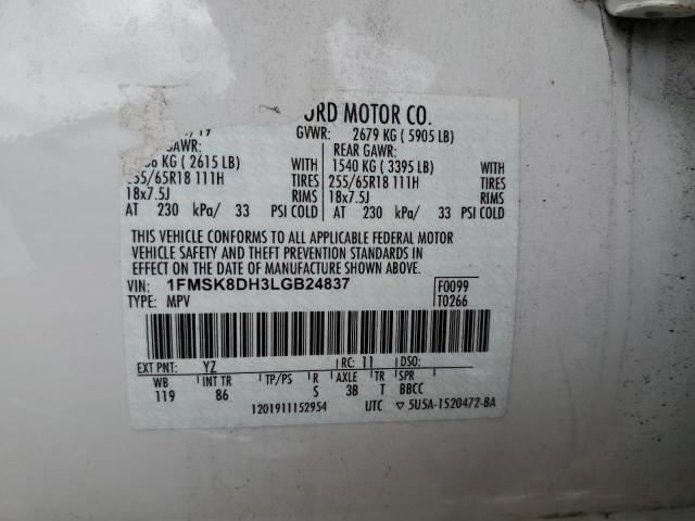 1FMSK8DH3LGB24837 - 2020 FORD EXPLORER XLT WHITE photo 14