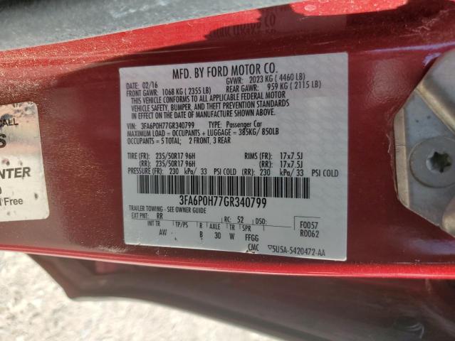 3FA6P0H77GR340799 - 2016 FORD FUSION SE RED photo 13