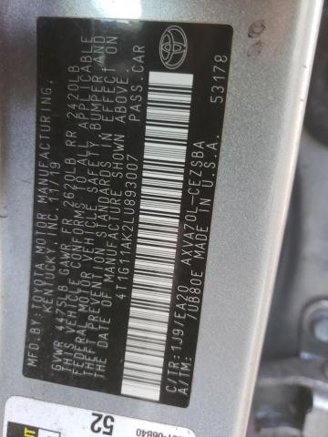 4T1G11AK2LU893007 - 2020 TOYOTA CAMRY SE 银色 照片 12