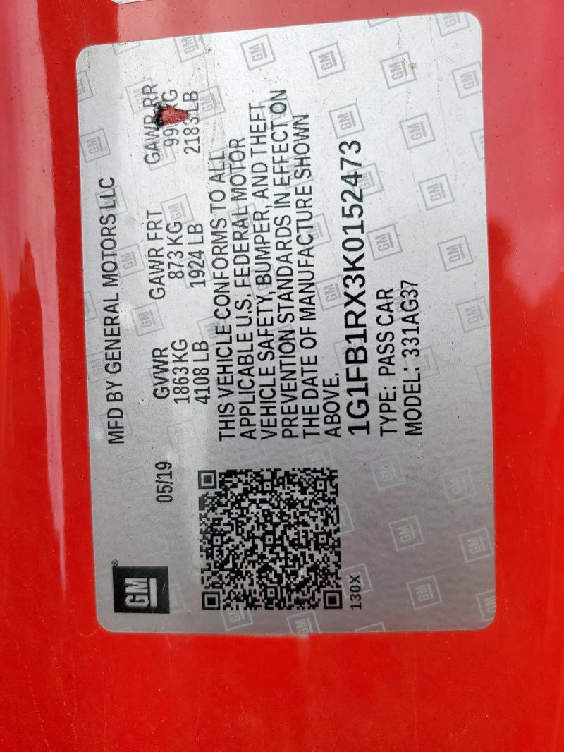 1G1FB1RX3K0152473 - 2019 CHEVROLET CAMARO LS Rouge photo 12