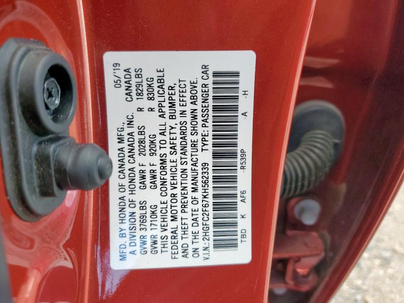 2HGFC2F67KH562339 - 2019 HONDA CIVIC LX RED photo 12