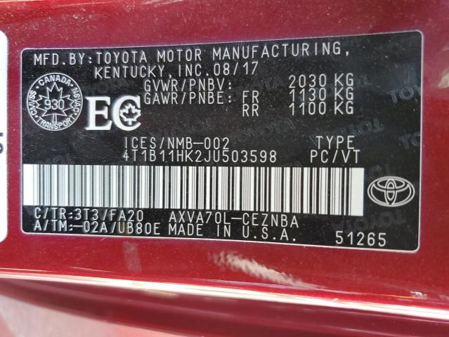 4T1B11HK2JU503598 - 2018 TOYOTA CAMRY L RED photo 12