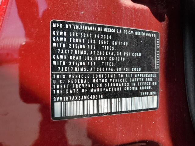 3VV1B7AX3JM040916 - 2018 VOLKSWAGEN TIGUAN S Rouge photo 13