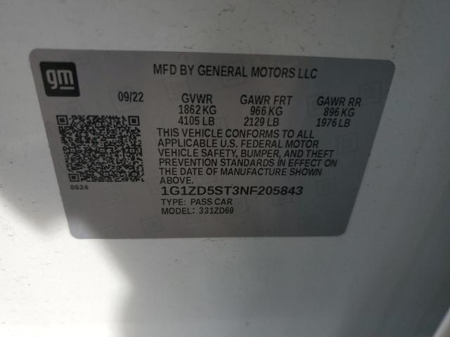 1G1ZD5ST3NF205843 - 2022 CHEVROLET MALIBU LT 白色 照片 12