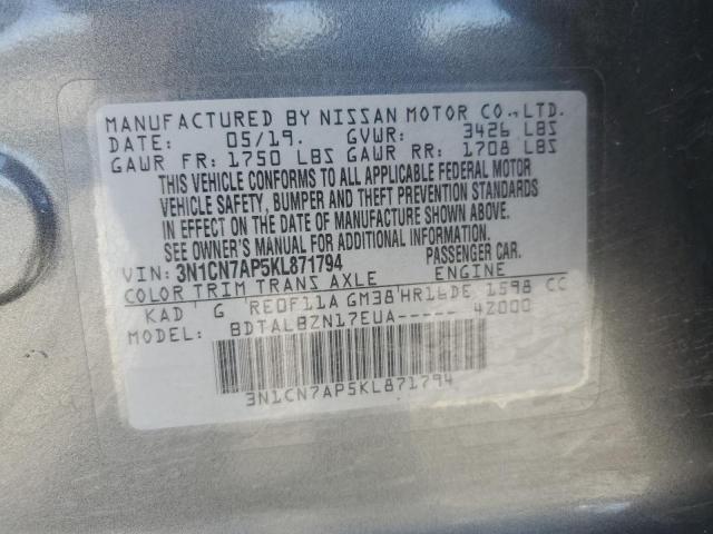3N1CN7AP5KL871794 - 2019 NISSAN VERSA S Gri fotoğraf 13