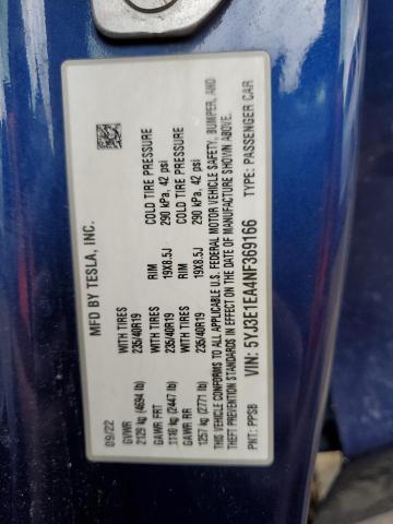 5YJ3E1EA4NF369166 - 2022 TESLA MODEL 3 BLUE photo 13