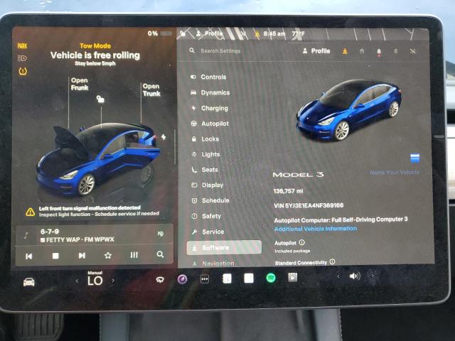 5YJ3E1EA4NF369166 - 2022 TESLA MODEL 3 BLUE photo 9