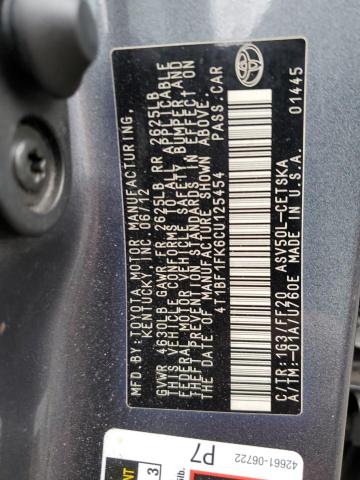 4T1BF1FK6CU125454 - 2012 TOYOTA CAMRY BASE GRAY photo 12