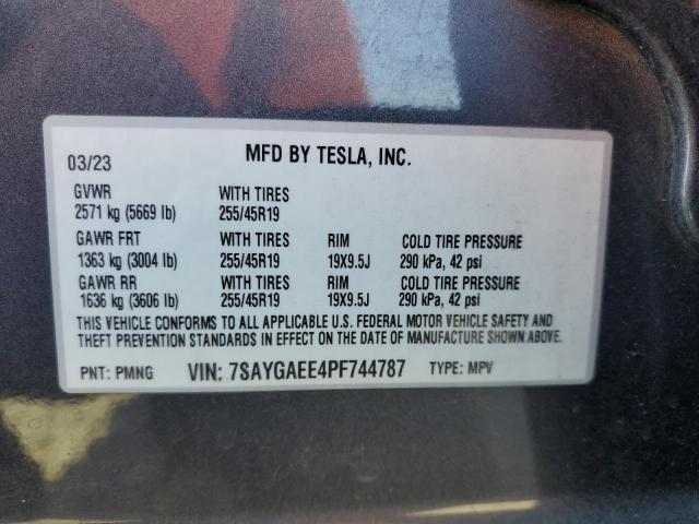 7SAYGAEE4PF744787 - 2023 TESLA MODEL Y GRAY photo 14