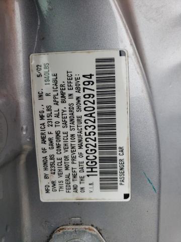 1HGCG22532A029794 - 2002 HONDA ACCORD EX SILVER photo 12