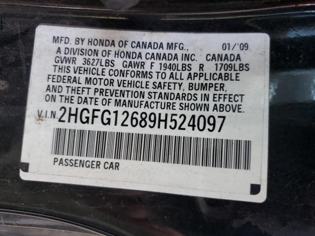 2HGFG12689H524097 - 2009 HONDA CIVIC LX BLACK photo 12