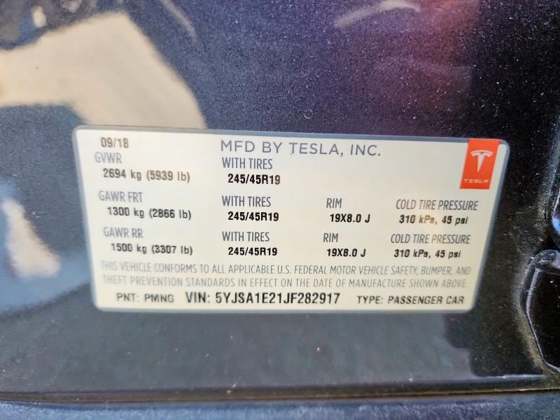 5YJSA1E21JF282917 - 2018 TESLA MODEL S Сұр фото 13
