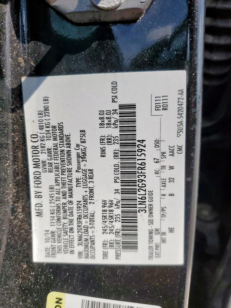 3LN6L2G93FR615924 - 2015 LINCOLN MKZ BLACK photo 12