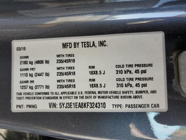 5YJ3E1EA8KF324310 - 2019 TESLA MODEL 3 ნაცრისფერი ფოტო 12