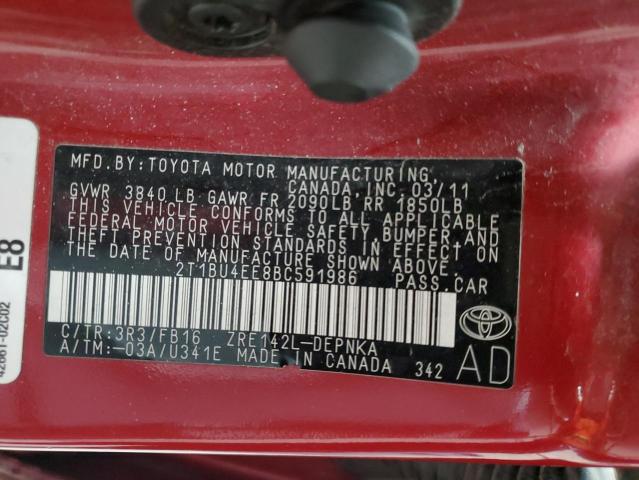 2T1BU4EE8BC591986 - 2011 TOYOTA COROLLA BASE 红色 照片 12