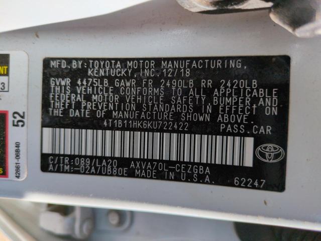 4T1B11HK6KU722422 - 2019 TOYOTA CAMRY L 白色 照片 12