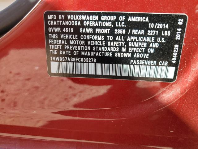1VWBS7A39FC033278 - 2015 VOLKSWAGEN PASSAT SE RED photo 12