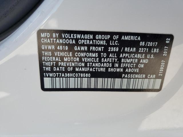 1VWDT7A36HC078560 - 2017 VOLKSWAGEN PASSAT R-LINE WHITE photo 13