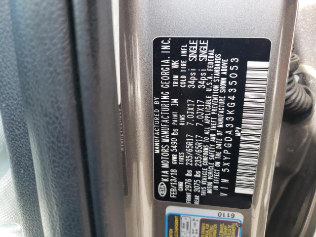 5XYPGDA33KG435053 - 2019 KIA SORENTO L GRAY photo 12