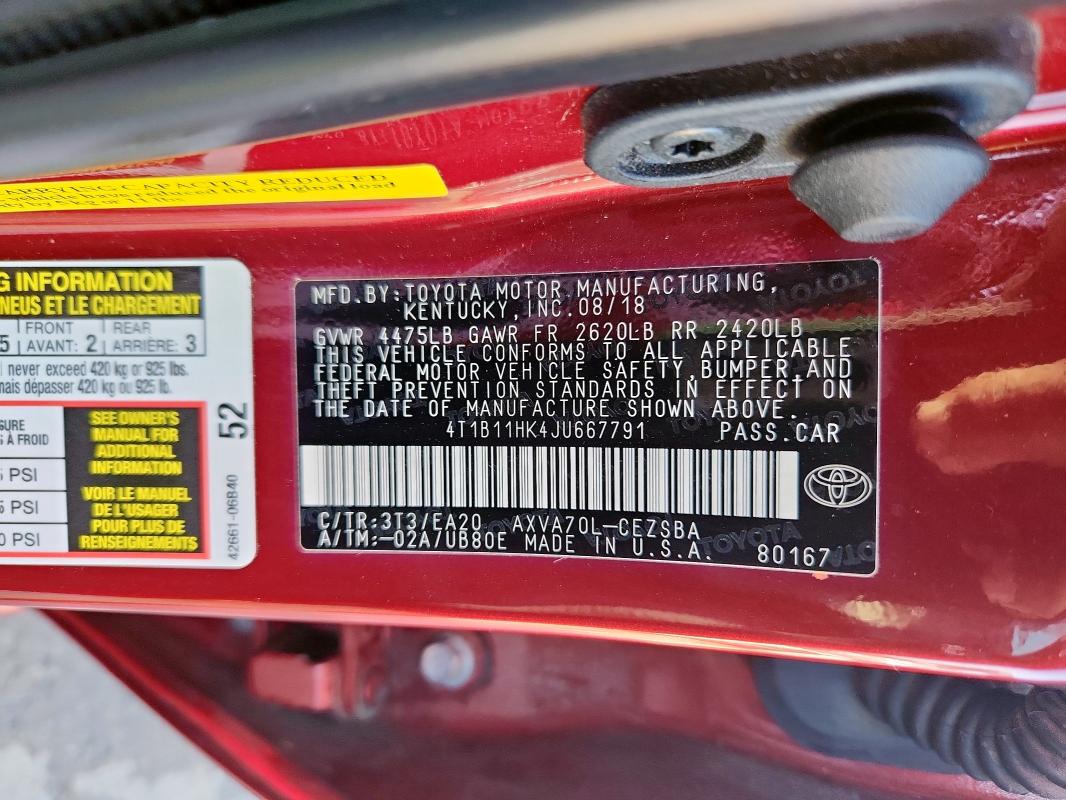 4T1B11HK4JU667791 - 2018 TOYOTA CAMRY L 勃艮第红 照片 12