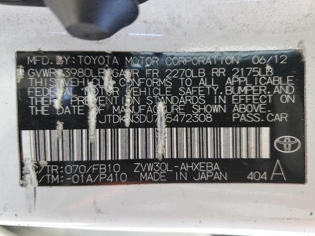 JTDKN3DU7C5472308 - 2012 TOYOTA PRIUS 白色 照片 12