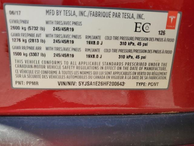 5YJSA1E26HF200643 - 2017 TESLA MODEL S 红色 照片 12