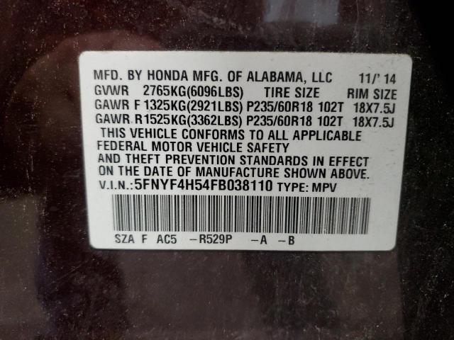 5FNYF4H54FB038110 - 2015 HONDA PILOT EXL BURGUNDY photo 13