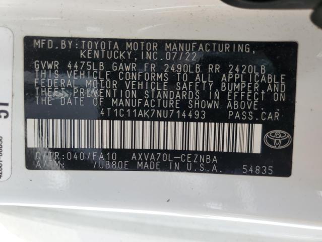 4T1C11AK7NU714493 - 2022 TOYOTA CAMRY LE Ağ foto 12