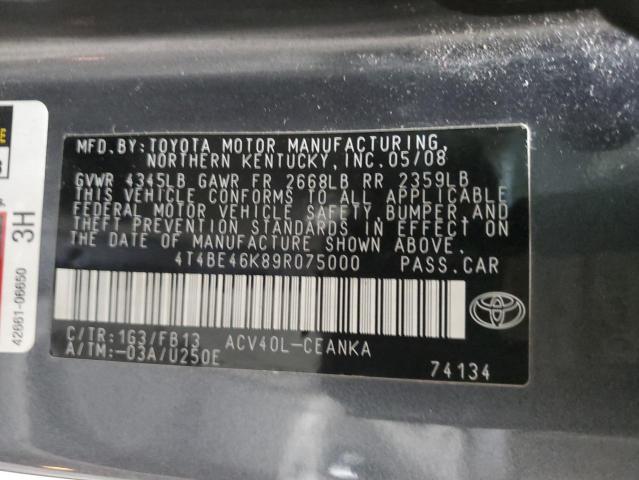 4T4BE46K89R075000 - 2009 TOYOTA CAMRY BASE GRAY photo 13