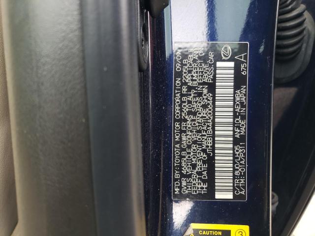 JTHBB1BA4A2006449 - 2010 LEXUS HS 250H BLUE photo 12