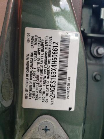 2HGES163X4H606612 - 2004 HONDA CIVIC DX VP მწვანე ფოტო 12