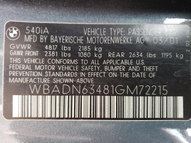 WBADN63481GM72215 - 2001 BMW 540 I AUTOMATIC GRAY photo 12
