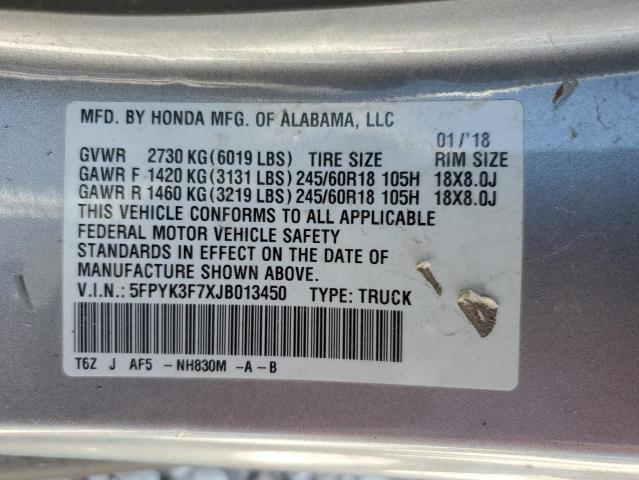 5FPYK3F7XJB013450 - 2018 HONDA RIDGELINE RTL SILVER photo 13