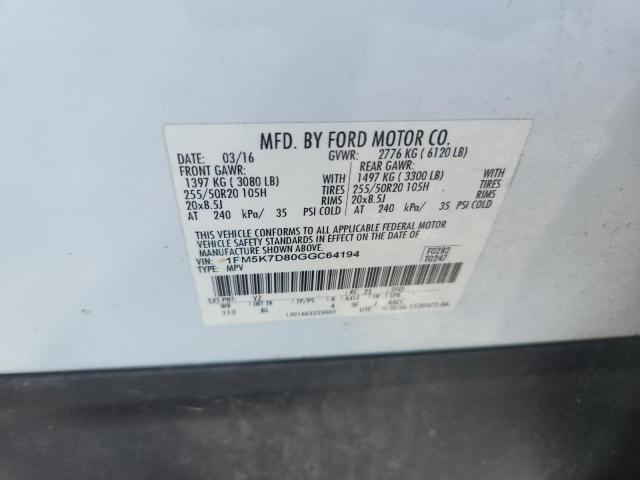 1FM5K7D80GGC64194 - 2016 FORD EXPLORER XLT Ağ foto 14