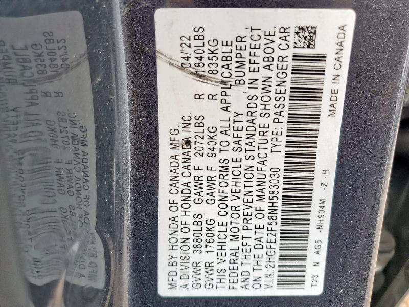 2HGFE2F58NH583030 - 2022 HONDA CIVIC SPORT GRAY photo 13