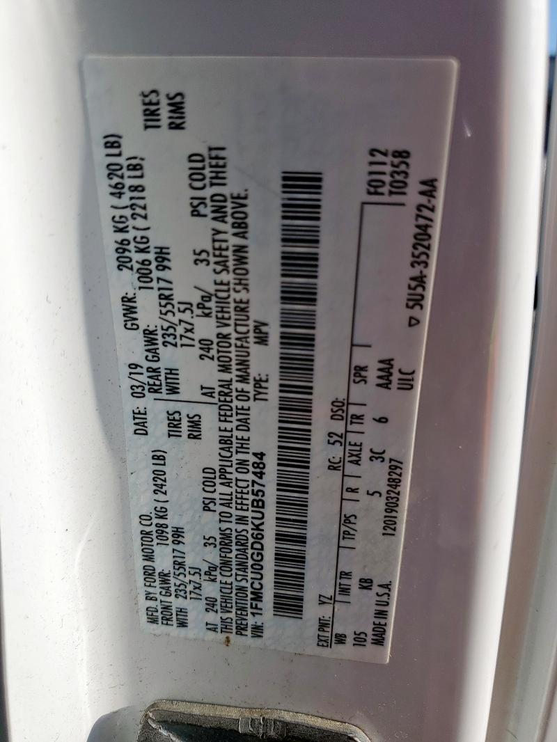 1FMCU0GD6KUB57484 - 2019 FORD ESCAPE SE WHITE photo 12