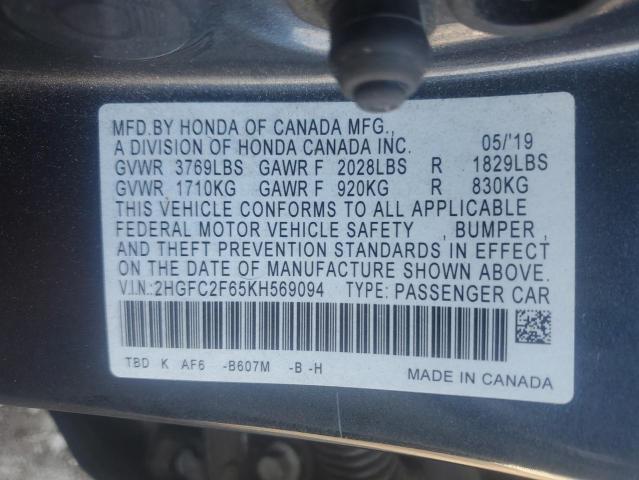 2HGFC2F65KH569094 - 2019 HONDA CIVIC LX Գրաֆիտ լուսանկար 12