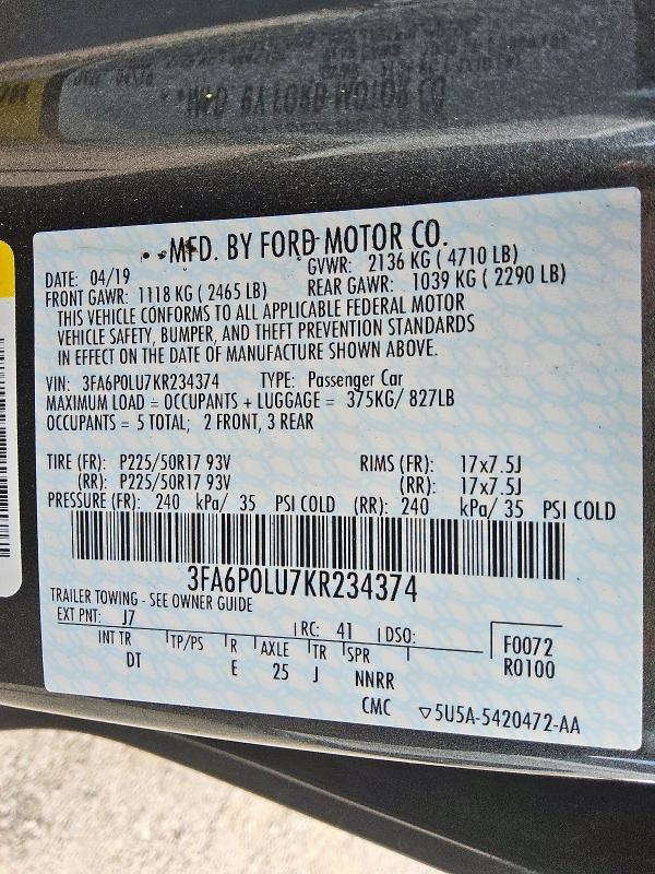 3FA6P0LU7KR234374 - 2019 FORD FUSION SE ნაცრისფერი ფოტო 12