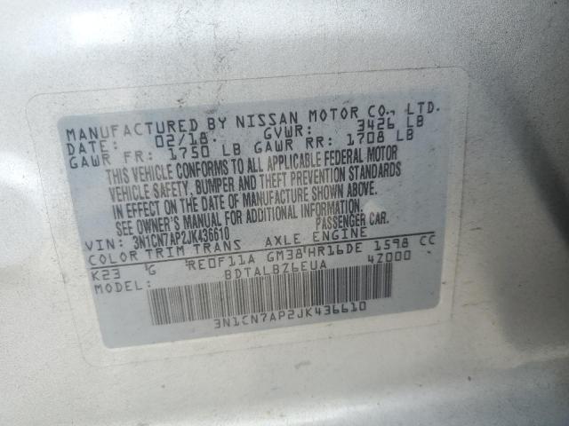 3N1CN7AP2JK436610 - 2018 NISSAN VERSA S SILVER photo 12