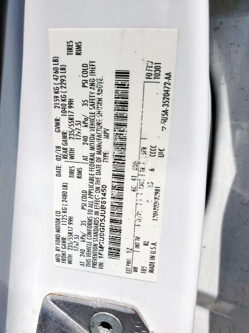 1FMCU9GD5JUB61450 - 2018 FORD ESCAPE SE Blanc photo 14