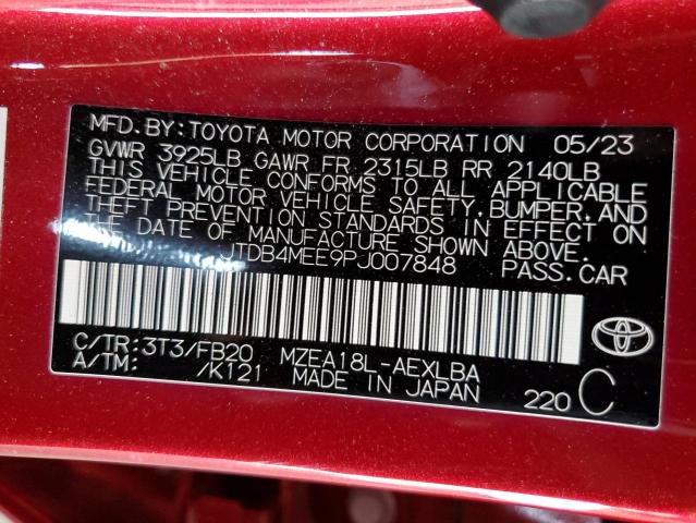 JTDB4MEE9PJ007848 - 2023 TOYOTA COROLLA LE ბურგუნდია ფოტო 12