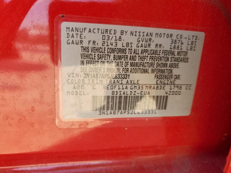 3N1AB7AP5JL633331 - 2018 NISSAN SENTRA S 红色 照片 12