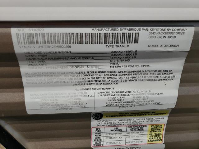 4YDT29124M8920360 - 2021 CAMPER TRAILER TWO TONE photo 10