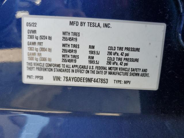 7SAYGDEE9NF447853 - 2022 TESLA MODEL Y BLUE photo 12