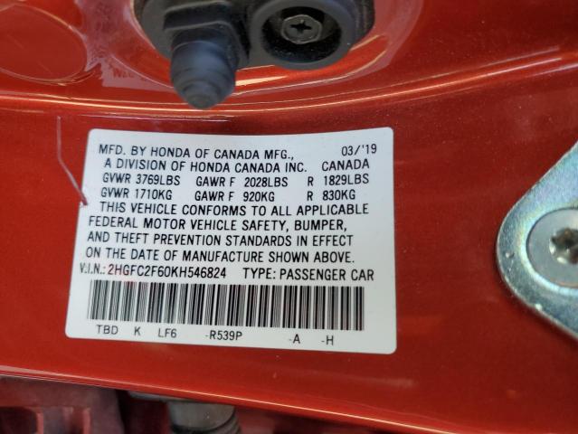 2HGFC2F60KH546824 - 2019 HONDA CIVIC LX RED photo 12