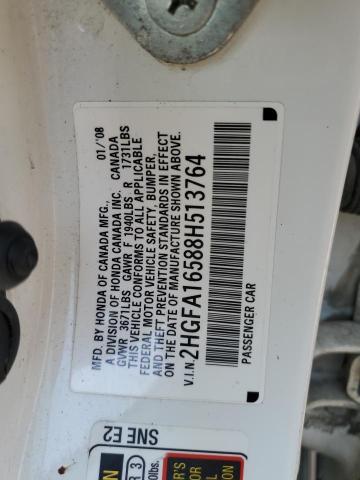 2HGFA16588H513764 - 2008 HONDA CIVIC LX 白色 照片 12
