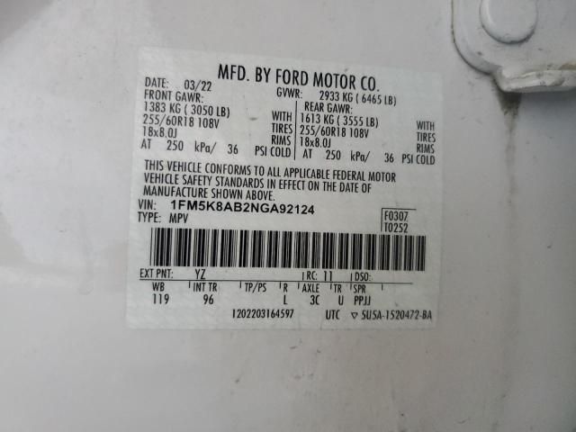 1FM5K8AB2NGA92124 - 2022 FORD EXPLORER POLICE INTERCEPTOR Սպիտակ լուսանկար 13