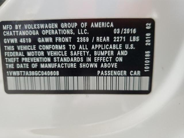 1VWBT7A38GC040608 - 2016 VOLKSWAGEN PASSAT SE WHITE photo 12